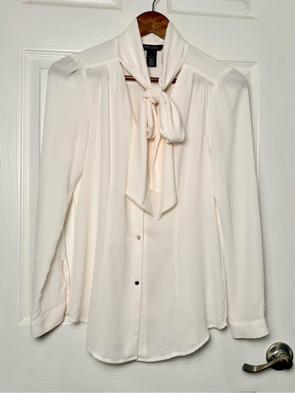 White House Black Market Ivory Tie-Neck Long-Sleeve Blouse